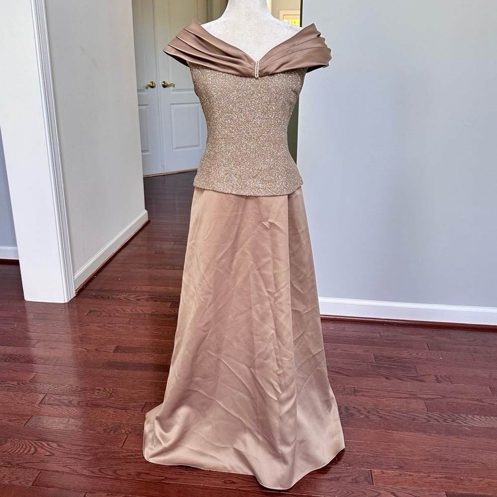 Patra Bronze Gold Glitter Off The Shoulder Elegant Formal Feminine Gown Dress